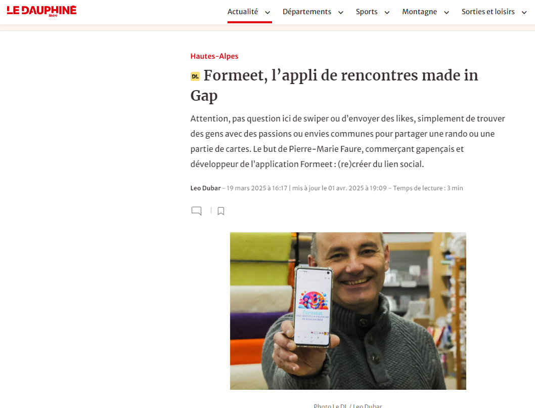 Article du Dauphiné Libéré : « FORMEET, l’appli de rencontres made in Gap »