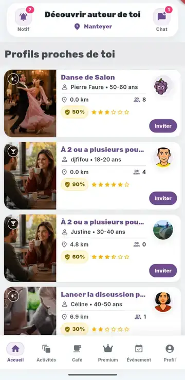 Écran d'accueil avec profils proches
