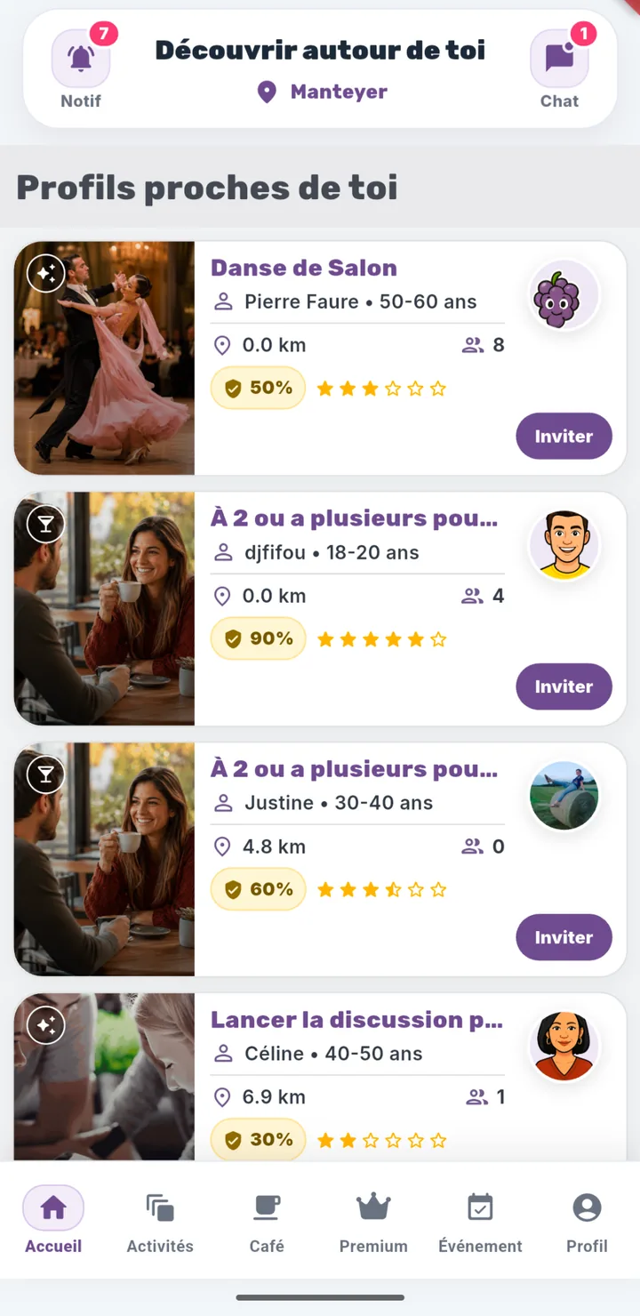 Écran d'accueil avec profils proches