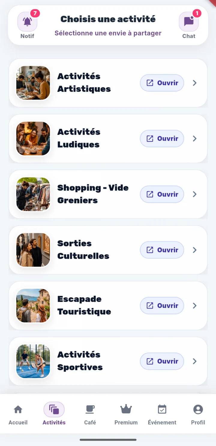 Écran choix des activités