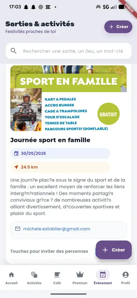 Écran Formeet montrant des événements et sorties pour trouver un partenaire de randonnée